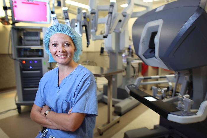 Dr. Angela Kueck, gynecologic oncologist at the UConn Health Center, is interviewed on NBC Connecticut about ovarian and cervical cancer and the robotic surgical system that is now being used to treat these cancers. (Michael Fiedler for UConn Health Center)