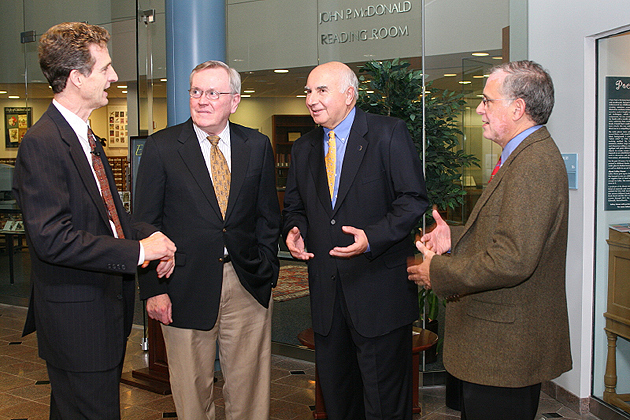 Chatting before the Myles Martel Lecture in Leadership are, from left, John Morreall, former UConn president Philip Austin, alumus Myles Martel, and Dean Jeremy Teitelbaum. (Tina Covensky for UConn)