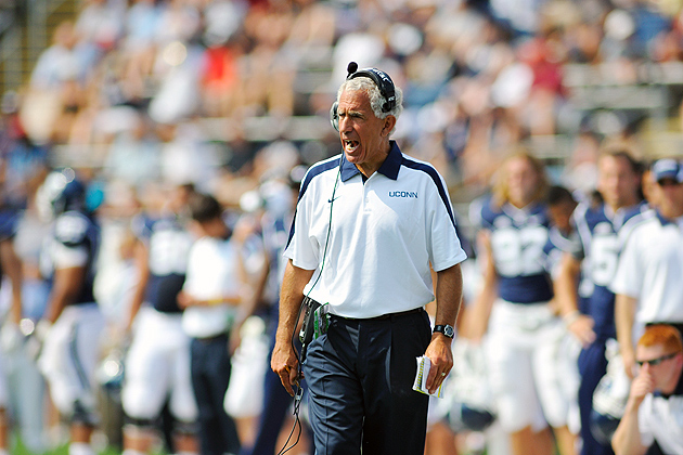 Head Coach Paul Pasqualoni on the sidelines during the football game against Fordham at Rentschler Field on September 3, 2011. UConn won 35-3. (Peter Morenus/UConn Photo)
