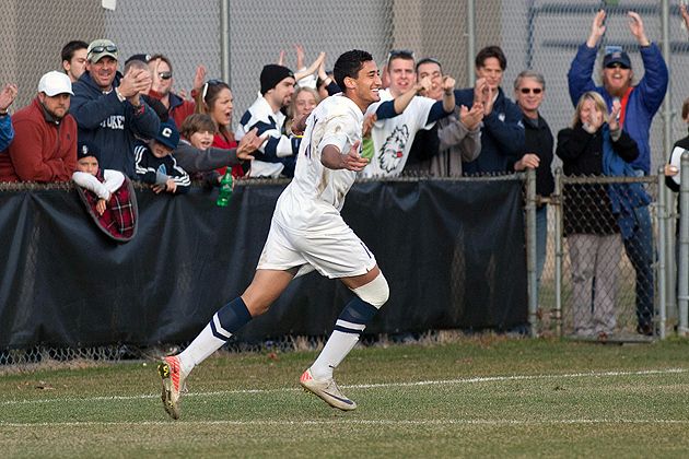 Senior Tony Cascio '12 (CLAS) celebrates his goal during the Huskies' 3-0 win Sunday over James Madison University which advanced the men's soccer team to the 2011 NCAA Quarter finals next weekend. Junior Carlos Alvarez '13 (CLAS) and sophomore Mamadou Doudou Diouf '14 (CLAS) also scored. The Huskies will host NC Charlotte either next Saturday or Sunday at Joseph J. Morrone Stadium at a time to be announced.