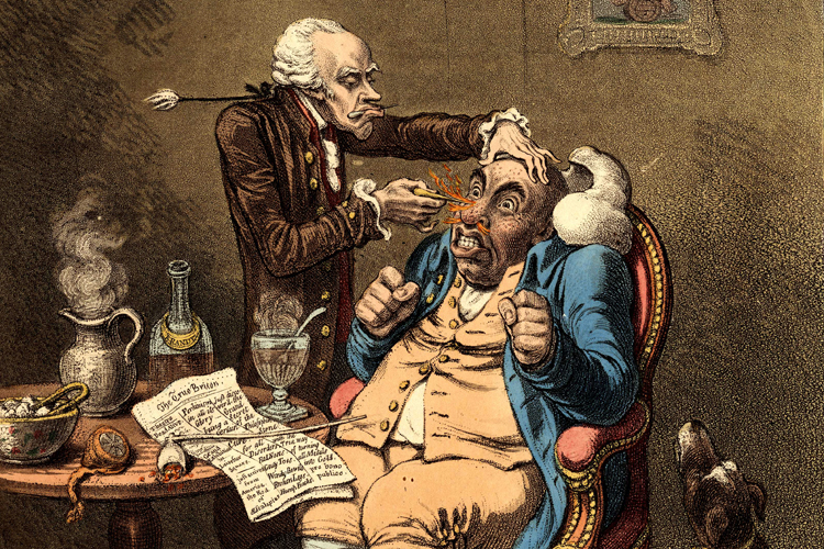 British caricaturist and printmaker James Gilray’s farcical portrayal of a physician using metallic tractors on a patient is featured as a comical piece in the Hartford Medical Society Historical Library’s newest exhibit at the UConn Health Center.