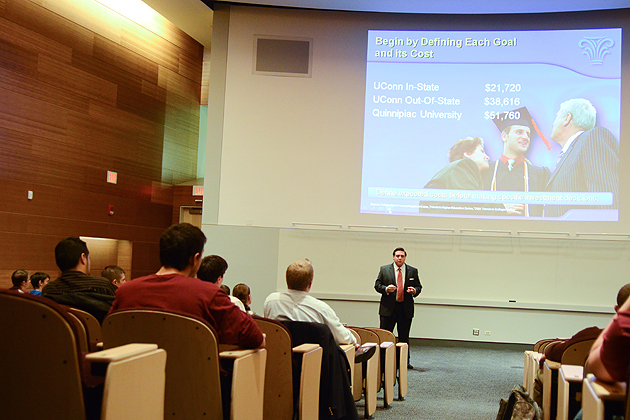 College Unit Director Chris Derham speaks to UConn students about the Northwestern Mutual Internship Program on Nov. 10, 2011. (Ariel Dowski/UConn Photo)