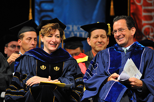 President Susan Herbst, left, and Gov. Dannel P. Malloy listen to a speaker during the inauguration ceremony at the Jorgensen Center for the Performing Arts on Sept. 16, 2011. (Peter Morenus/UConn Photo)