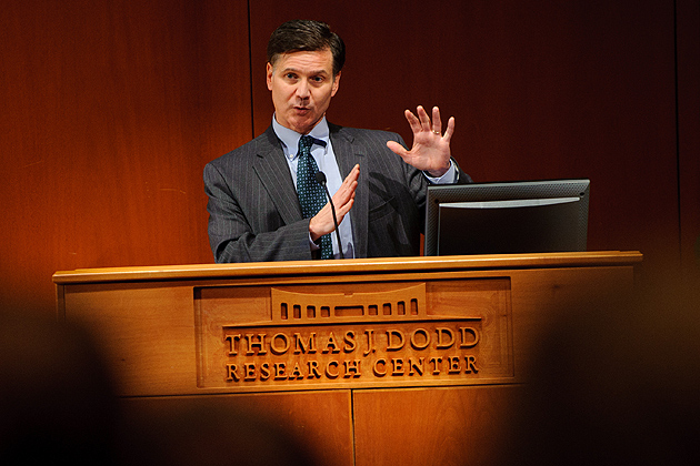 Daniel Esty, commissioner of the Connecticut Department of Energy and Environmental Protection gives the Edwin Way Teale lecture at Konover Auditorium on Dec. 8, 2011. (Peter Morenus/UConn Photo)