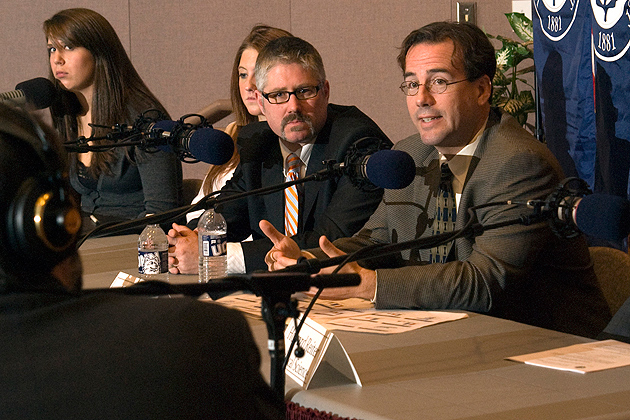 A panel consisting of (left to right) Lauren Ellis, president of the College Democrats, Jennifer Miller, president of the College Republicans, Jeff Lodewig, assistant professor of political science, Sam Best, associate professor and director of political science, and Howard Reiter, professor of political science, discuss the election for John Dankosky's "Where We Live" radio show in front of students and faculty in Konover Auditorium Monday October 20th. (Frank Dahlmeyer / UConn Photo)