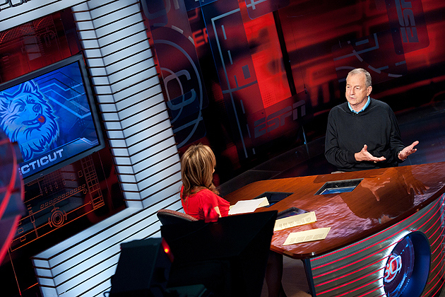 The Huskies’ Hall of Fame men’s basketball coach Jim Calhoun speaks with anchor Linda Cohn during a visit to the ESPN studios in Bristol, Conn. on Jan. 19. Calhoun was the featured guest for the cable sports network’s 'Car Wash' program, an intensive, all-day series of interviews across its various television, radio, and internet platforms. (Joe Faraoni/ESPN Photo)