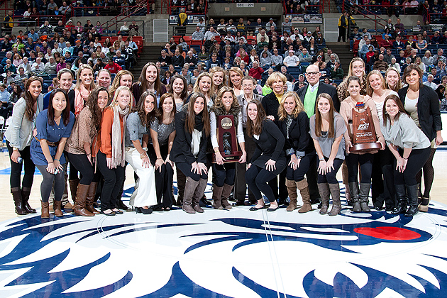 The 2011 Huskies field hockey team was recognized for its successful season during the women's basketball game against Cincinnati on Jan. 19. The Huskies posted a 19-3 record, clinched their 12th Big East regular season title in the past 16 years, and advanced to the NCAA Final Four for the 10th time in program history. (Steve Slade '89 (SFA) for UConn)