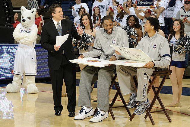 Rece Davis, left, plays a game called "Know your Teammates" with Alex Oriakhi, and Jeremy Lamb during the broadcast of EPSN College Gameday from Gampel Pavilion on Feb. 25, 2012. (Peter Morenus/UConn Photo)