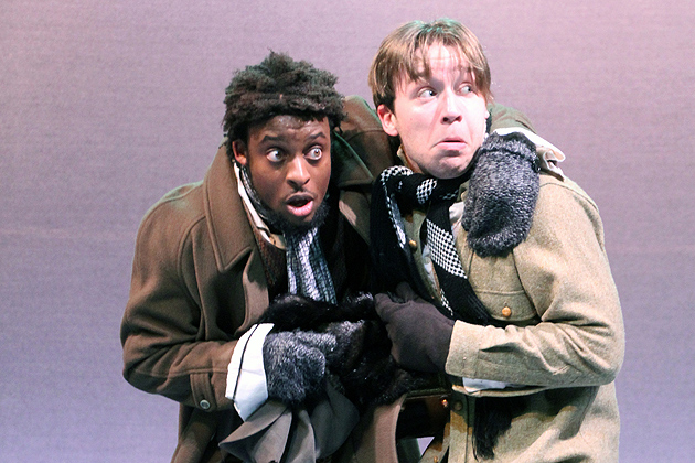 Thomas Brazzle (left, Old Sheppard) and Harrison Howard Haney (right, Young Sheppard) in a comic sene from Connecticut Repertory Theatre's production of Shakespeare's 'The Winter's Tale' playing in the Studio Theatre on the Storrs Campus March 22 - April 1. For tickets and information, call 860-486-4226 and visit www.crt.uconn.edu. (Gerry Goodstein photo)