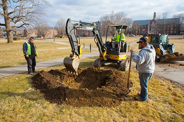 From left, Martin Miranda, Keith Joy (operating the backhoe), and Benjamin Pavon of EDI work on planting six new tree species to be added to UConn's collection on February 29, 2012. (Sean Flynn/UConn Photo)
