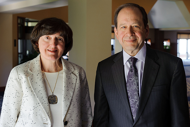 Lynne Healy, left, professor of social work, and Kent Holsinger, vice provost and dean of the graduate school were both awarded distinguished status by the Board of Trustees on April 25, 2012. (Peter Morenus/UConn Photo)