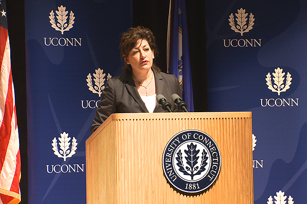 President Susan Herbst speaking at the first State of the University address on April 5, 2012.