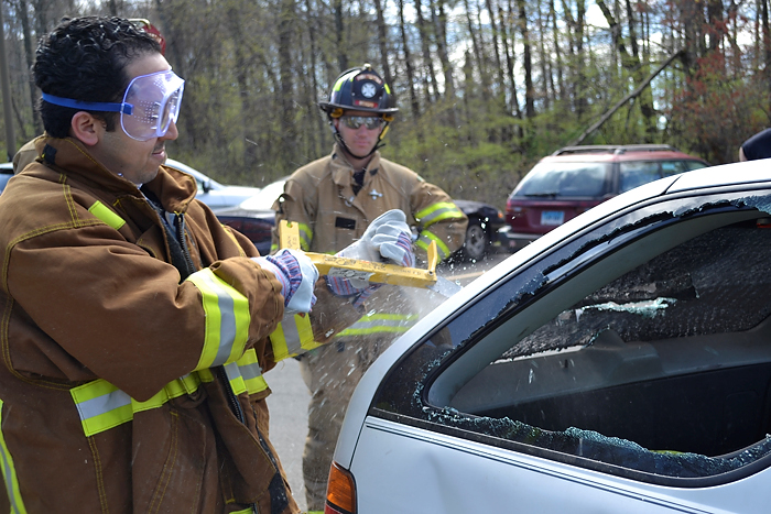 UConn fire department personnel hold the annual vehicle extrication training session for second-year emergency medicine residents on April 17, 2012. (Tina Encarnacion/UConn Health Center Photo)
