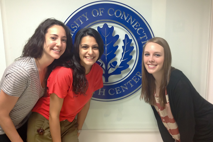 From left: First-year medical students Liza Karamessinis, Sahar Barfchin and Kelsey Sokol are the founders of "Greatest Gift" at the UConn Health Center, an effort to raise awareness for organ and tissue donation. (Priyanka Ghosh for UConn Health Center)