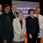 (Left to right) Health Center Board of Directors Chairman Sanford Cloud Jr., GWIMS Chair Dr. Marja Hurley, former UConn President Phil Austin, Dr. Martha Lepow, Dr. Naomi Rothfield, Dr. Bruce Liang, and UConn President Susan Herbst. (Tina Encarnacion/UConn Health Center Photo)