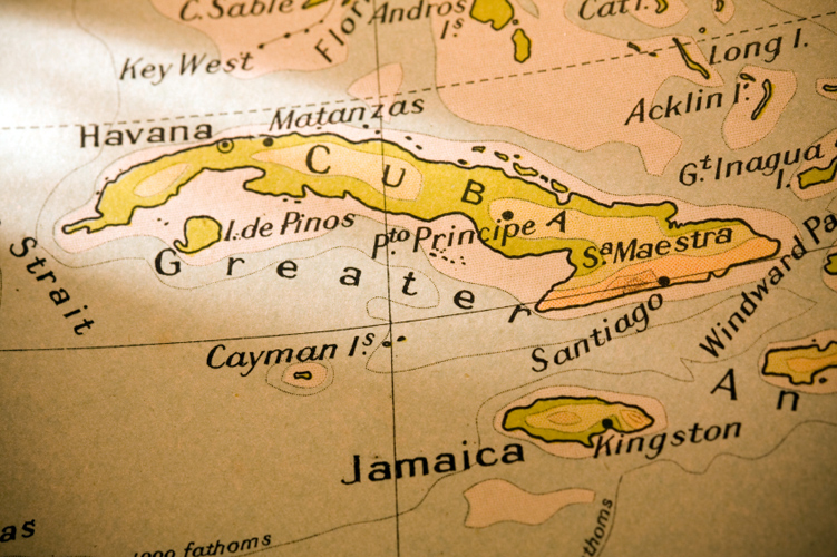An antique map of Cuba and Jamaica.
