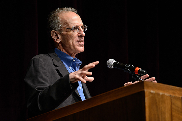 Randy Cohen gives lecture on "How to be Good" at the Jorgensen Center for the Performing Arts on Aug. 29, 2012. At left is (Peter Morenus/UConn Photo)