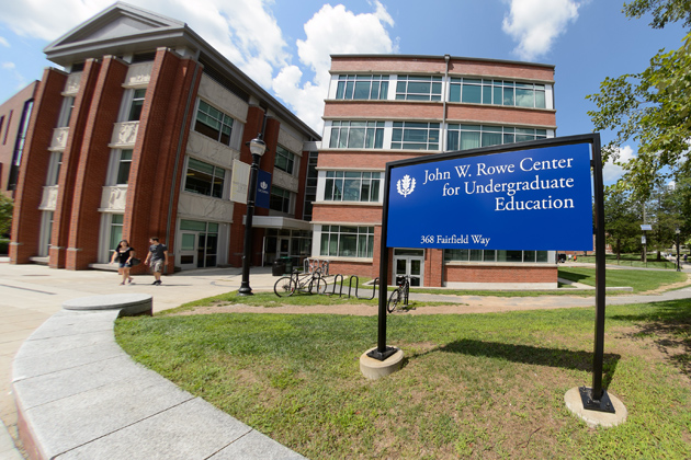 A fisheye lens view of the sign for the John W. Rowe Center for Undergraduate Education. (Peter Morenus/UConn Photo)