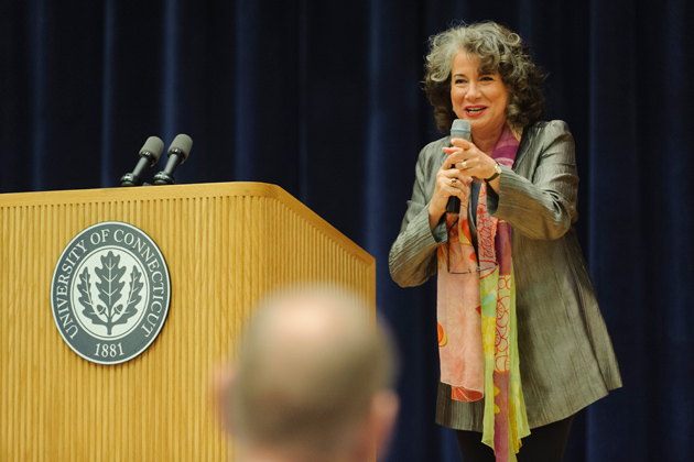 UConn professor and author Regina Barreca speaks at the Student Union on Family Weekend on Sept.5, 2012. (Max Sinton '15 (CANR)/UConn Photo)