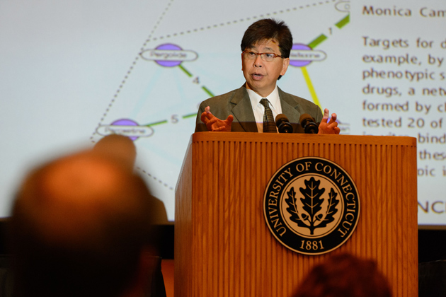 Edison Liu, president and chief executive officer, The Jackson Laboratory speaks at the UConn/JAX Genomics Symposium, held at the Student Union Theater at the University of Connecticut on Sept. 6, 2012. (Peter Morenus/UConn Photo)