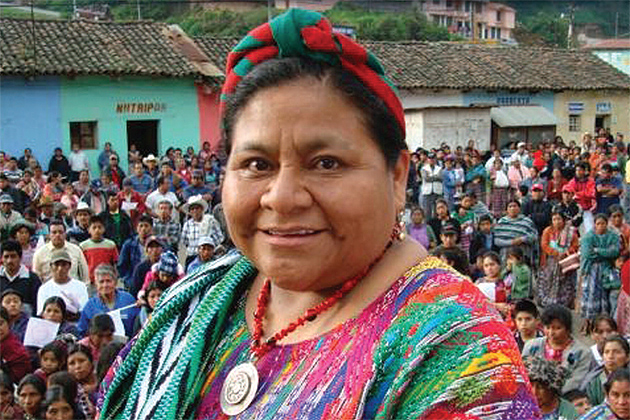 Photo of Rigoberta Menchú Tum, the first Indigenous woman and the youngest person ever to receive the Nobel Peace Prize.