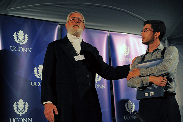 Richard Weingart, Gregory Knott, and Anthony Minniti present a historical vignette at the 150th anniversary of the Morrill Act on Sept.5, 2012. (Max Sinton/UConn Photo)