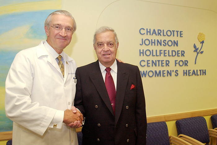 Peter Deckers, left, and Fred Hollfelder, at the dedication of the Charlotte Johnson Hollfelder Center for Women's Health at the UConn Health Center. (Peter Morenus/UConn Photo).