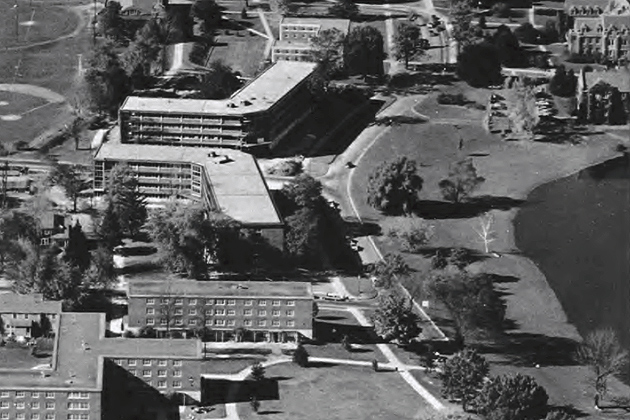 Arjona and Monteith, in center of photo, were constructed in 1959 during the presidency of Albert Jorgensen. (Photo from Archives & Special Collections, UConn Libraries)