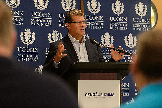 UConn Women's Basketball Head Coach Geno Auriemma announces a major new leadership conference to be held in April at a press conference held at the School of Business Building on Nov. 27, 2012. (Peter Morenus/UConn Photo)