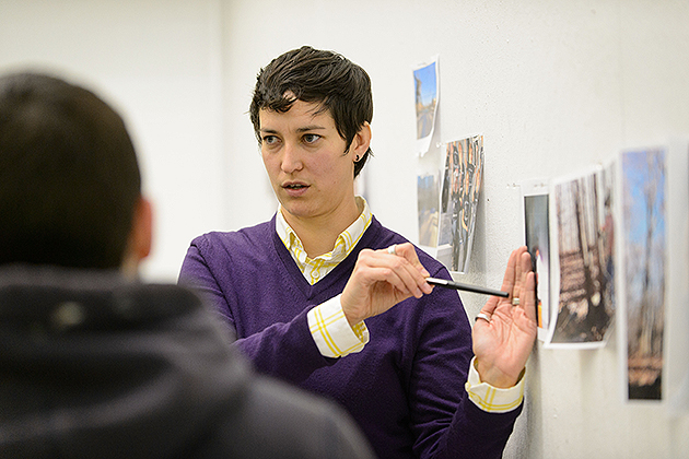 Alison Paul leads a critique during an illustration class at the Art Building on Nov. 8, 2012. (Peter Morenus/UConn Photo)