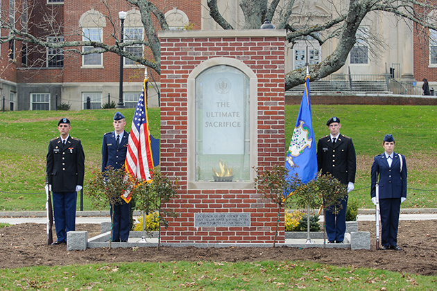 On Veteran's Day, 2012, ROTC members stand at attention at the Remembrance Memorial. (Max Sinton'15 (CANR)/UConn Photo)