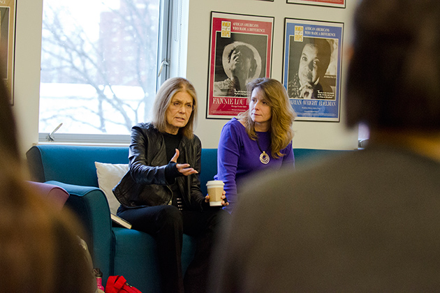 Gloria Steinem speaks at a student meeting held in the Women's Center on Nov. 30, 2012. (Ariel Dowski/UConn Photo)
