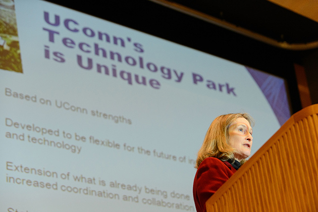 Mary Holz-Clause, vice president for economic development gives an update on the technology park at the Student Union Theater on Dec. 6, 2012. (Peter Morenus/UConn Photo)