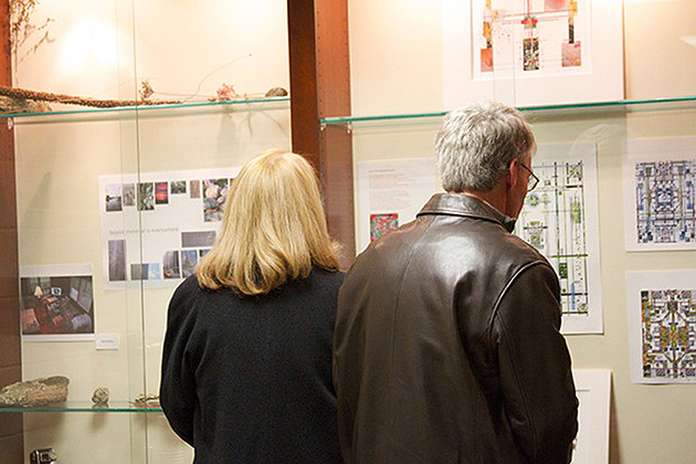 At the opening reception for Marlow Shami's exhibit, visitors toured the Whitson Gallery. (Karen Lafleur/UConn Photo)