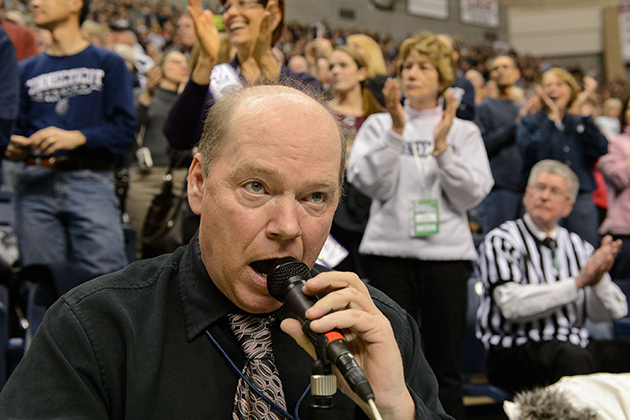 John Tuite calls out the names of players during the senior night ceremony held at the start of the women's basketball game against Seton Hall at Gampel Pavilion on Feb. 23, 2013. (Peter Morenus/UConn Photo)