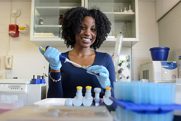 Patrice Hubert '12 (CANR), '16 Ph.D. in her lab in the Roy E. Jones Building on March 1, 2013. (Ariel Dowski/UConn Photo)