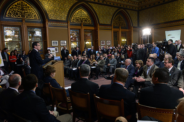 Governor Dannel Malloy speaks at event in support of the Next Generation Connecticut initiative head at the state capitol on April 11, 2013. (Peter Morenus/UConn Photo)