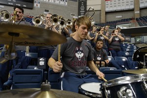 The UConn pep band plays during an event held at Gampel Pavilion to unveil new athletic uniforms on April 18, 2013. (Peter Morenus/UConn Photo)