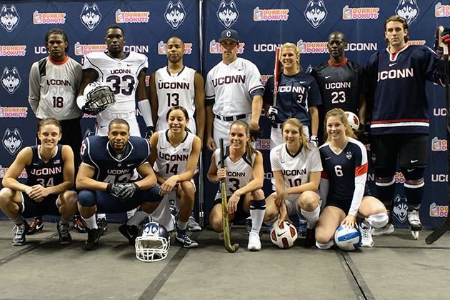 New athletic uniforms are unveiled during a ceremony held at Gampel Pavilion on April 18, 2013. (Peter Morenus/UConn Photo)