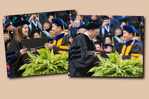 Linda Pescatello, professor of kinesiology, and Mark Boyer, professor of political science, are presented with the 2013 Board of Trustees Distinguished Professor award by Provost Mun Choi during the Graduate School commencement ceremony at Harry A. Gampel Pavilion on May 11. (Max Sinton '15 (CANR)/UConn Photo)