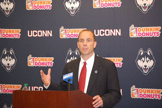 New men’s ice hockey head coach Mike Cavanaugh speaking during Thursday’s news conference at the Burton Family Football Complex. (Ken Best/UConn Photo)