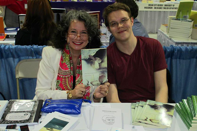English Professor Regina Barreca holds a copy of Chronicles of a Bee Whisperer at the 2013 Association of Writers & Writing Programs (AWP) conference in Boston. Beside her is the book’s author and her former student Tim Stobierski ’11 (CLAS). (Photo courtesy of Regina Barreca)