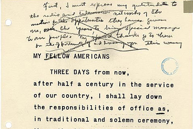 A page from the reading copy of President Eisenhower's farewell address with hand-written editing notes. (Image courtesy of the Dwight D. Eisenhower Presidential Library and Museum)