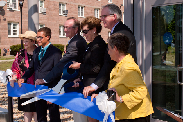 Many local and state dignitaries attended the ribbon cutting ceremony for the new Student Center at the Avery Point Campus. Shown above (l to r) are State Senator Andrea Stillman, President of the Associated Student Government at Avery Point Ronald Tardiff, State Senator Andrew Maynard, UConn President Susan Herbst, Campus Director Michael Alfultis, and State Representative Elissa Wright. (Jeff Gonci/UConn Photo)