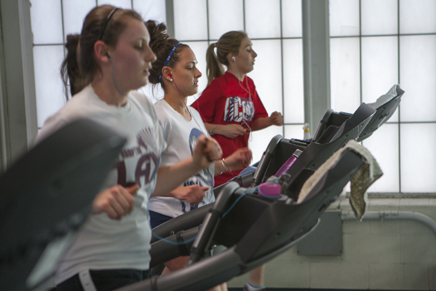 Students exercising at the Student Recreation Facility, gym, on February 29, 2012. (Sean Flynn/UConn Photo)