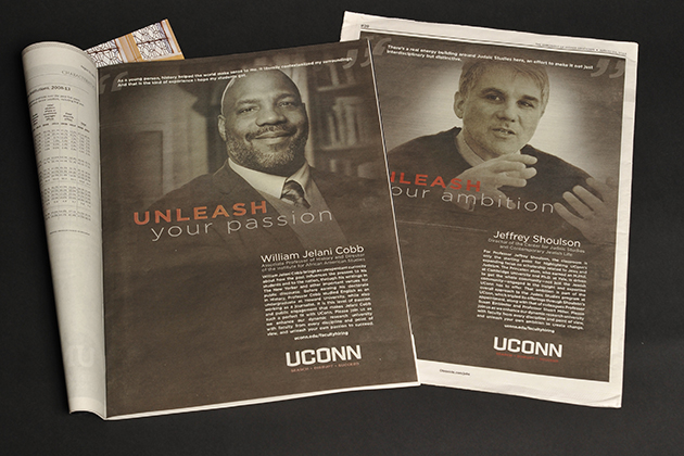 Ads in the Chronicle of Higher Education draw attention to UConn's faculty hiring initiative and some of the senior new faculty who have already joined the University.