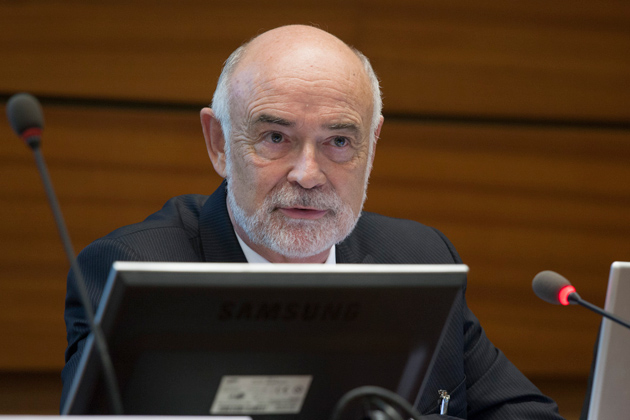 David Benson, professor of molecular and cell biology, at the Biological Weapons Convention Meeting of Experts in Geneva in August. At the meeting, he and colleagues presented a "mini-university" on basic science concepts to international diplomats. Credit: Eric Bridiers