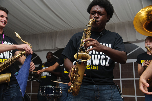 The Funky Dawgz Brass Band performs at the Nathan Hale Inn on Sept. 5, 2013. (Juanita Austin/UConn Photo)