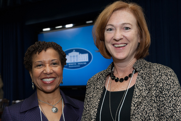 UConn School of Social Work Dean Salome Raheim (left) with Darla Spence Coffey, president of the Council on Social Work Education (CSWE), during a recent White House briefing on the importance of social workers during and after implementation of the Patient Protection and Affordable Care Act. (Photo courtesy of the Council on Social Work Education.)