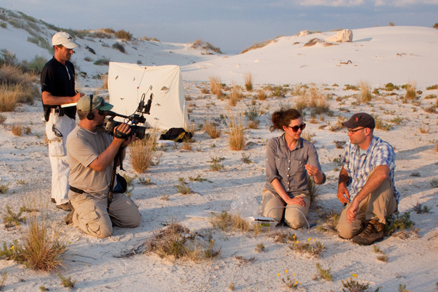 Christopher Martine ’06 Ph.D., far right, the host and creator of the YouTube web series “Plants Are Cool, Too!”, gathers with the show’s co-producers Tim Kramer, far left, and Paul Frederick, second from left, in the deserts of New Mexico to film the series’ latest episode alongside fellow UConn alum Krissa Skogen ’08 Ph.D, a conservation scientist at the Chicago Botanic Garden. (Photo by Patrick Alexander)